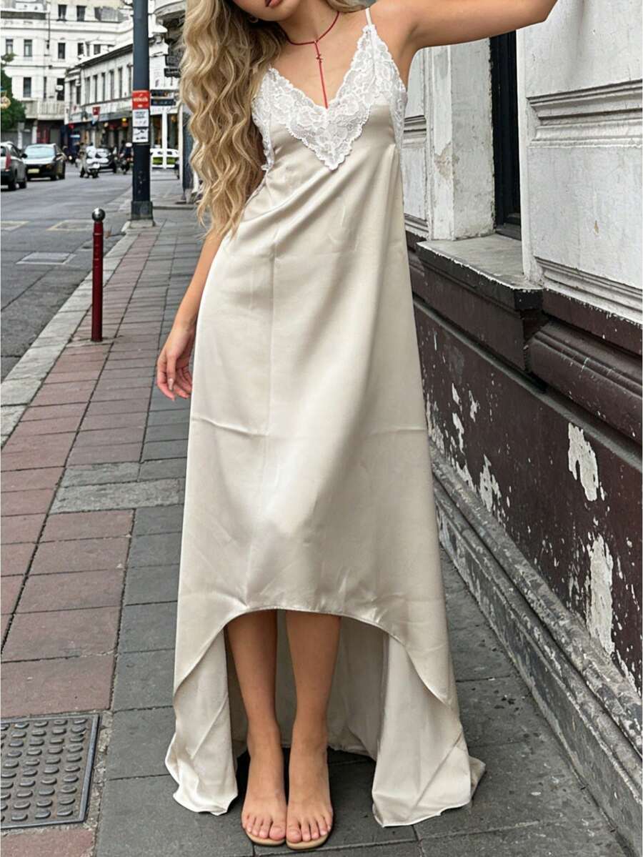 Women Summer Deep V-Neck Lace  - đánh giá và giá Slip Dress Satin