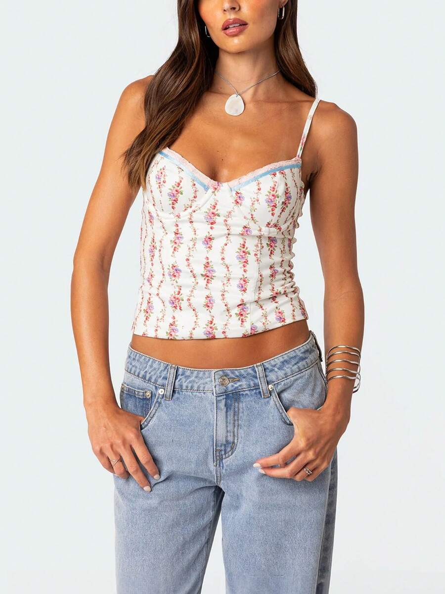 Women Floral Print Tie Strap V - đánh giá và giá Cami Top Lace